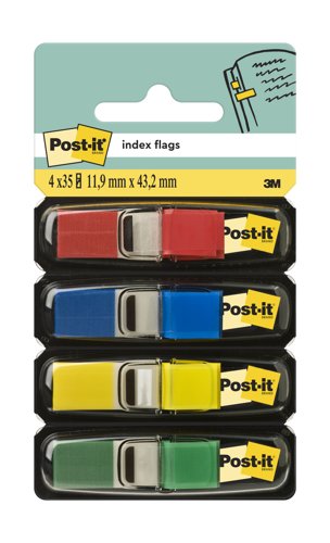Post-it Index Flags, Small, Yellow, Red, Blue and Green, 11.9 mm x 43.2 mm, 35 Flags/Dispenser, 4 Dispensers/Pack