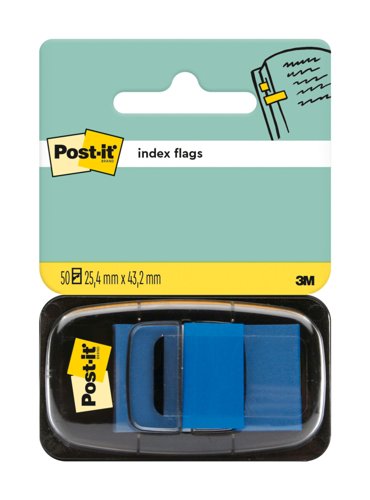 Post-it Index Flags, Medium, Blue, 25.4 mm x 43.2 mm, 50 Flags/Dispenser, 1 Dispenser/Pack