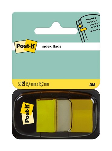 Post-it Index Flags, Medium, Yellow, 25.4 mm x 43.2 mm, 50 Flags/Dispenser, 1 Dispenser/Pack