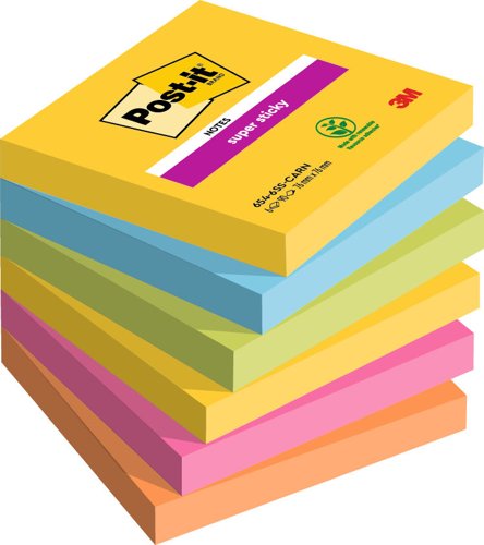 Post-it Super Sticky Notes, Carnival Colour Collection, 76 mm x 76 mm, 90 Sheets/Pad, 6 Pads/Pack, 100% PEFC SGSCH-PEFC-COC-110078