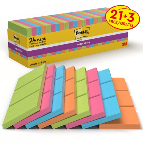 Post-it Super Sticky Notes, Assorted Colours, 76 mm x 76 mm, Promo Pack, 90 Sheets/Pad, 21 + 3 FREE Pads/Pack, 100% PEFC SGSCH-PEFC-COC-110078
