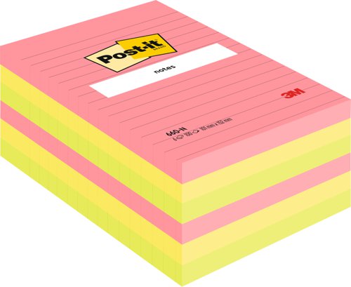 Post-it Large Notes, Assorted Neon Colours, Lined, 101 mm x 152 mm, 100 Sheets/Pad, 6 Pads/Pack, 100% PEFC SGSCH-PEFC-COC-110078