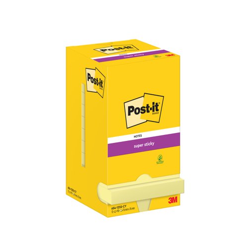 Post-it Super Sticky Notes, Canary Yellow, 76 mm x 76 mm, 90 Sheets/Pad, 12 Pads/Pack, Cardboard Pack, 100% PEFC SGSCH-PEFC-COC-110078