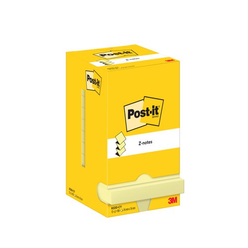 Post-it Z-Notes, Canary Yellow, 76 mm x 76 mm, 100 Sheets/Pad, 12 Pads/Pack, Cardboard Pack, 100% PEFC SGSCH-PEFC-COC-110078