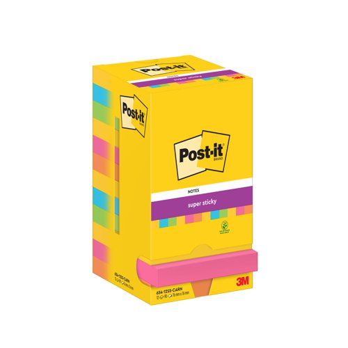 Post-it Super Sticky Notes, Carnival Colour Collection, 76 mm x 76 mm, 90 Sheets/Pad, 12 Pads/Pack, Cardboard Pack, 100% PEFC SGSCH-PEFC-COC-110078