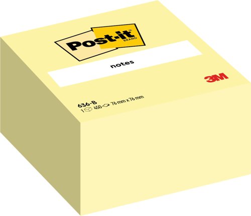 Post-it Notes Cube 636-B, Canary Yellow, 76 mm x 76 mm, 450 Sheets/Pad, 1 Pad/Pack, 100% PEFC SGSCH-PEFC-COC-110078