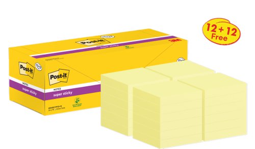 Post-it Super Sticky Notes, Canary Yellow, 76 mm x 76 mm, Promo Pack, 90 Sheets/Pad, 12 + 12 FREE Pads/Pack, Cardboard Pack, 100% PEFC SGSCH-PEFC-COC
