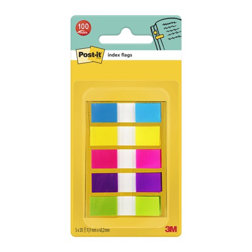 Post-it Index Flags, Small, Assorted Neon Colours, 11.9 mm x 43.2 mm, 100 Flags/Dispenser, 1 Dispenser/Pack