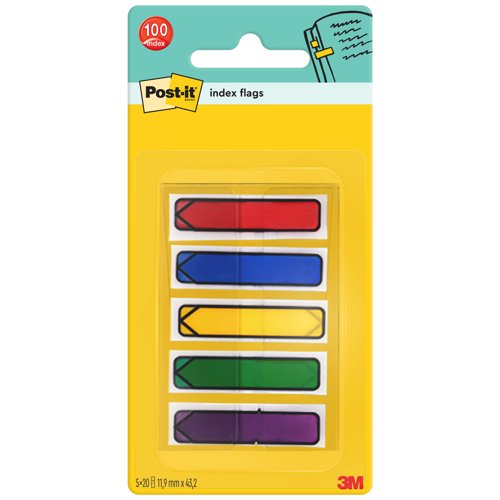 Post-it Index Arrow Flags, Assorted Colours, 11.9 mm x 43.2 mm, 100 Flags/Dispenser, 1 Dispenser/Pack