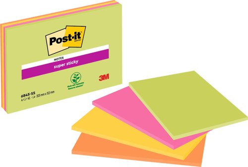 Post-it Super Sticky Meeting Notes, Assorted Neon Colours, 203 mm x 152 mm, 45 Sheets/Pad, 4 Pads/Pack, 100% PEFC SGSCH-PEFC-COC-110078
