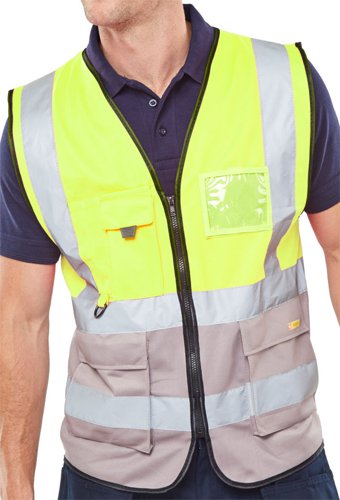 Beeswift TWO TONE EXECUTIVE WAISTCOAT SAT YELLOW/GREY MED