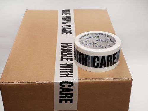 BOX of 72 Rolls Printed BOPP Tape HANDLE WITH CARE 48mm  66m  38mu Blk/ Wht THB486638 - 12 Packs of 6 Per Box