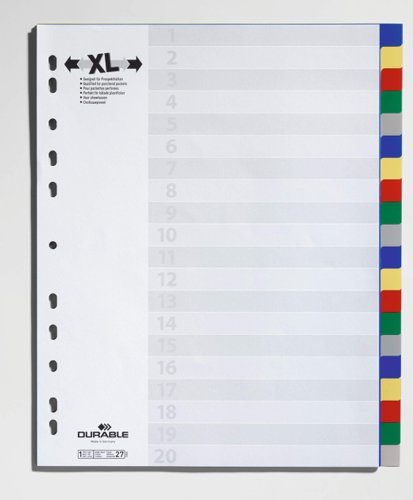Durable 20 Part Coloured Tab Index A4+