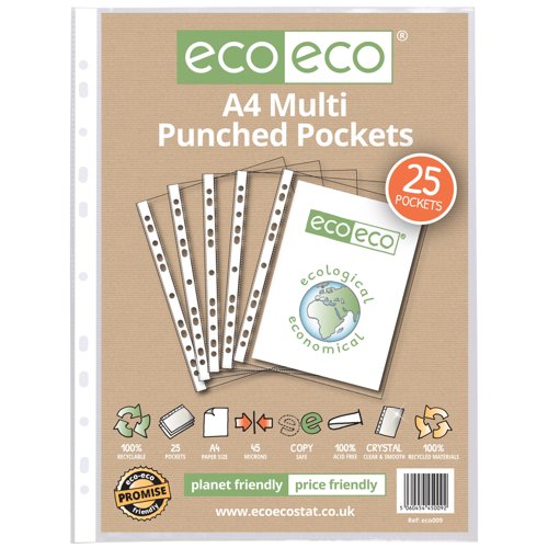 Eco Eco A4 100% Recycled Bag Multi Punched Pockets - Pack of 25
