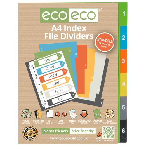 Eco Eco A4 50% Recycled Index File Dividers - 1 Set of 6