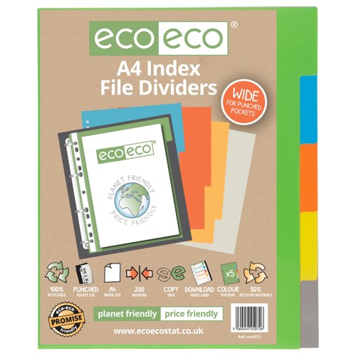 Eco Eco A4 50% Recycled Wide Index File Dividers - 1 Set of 5