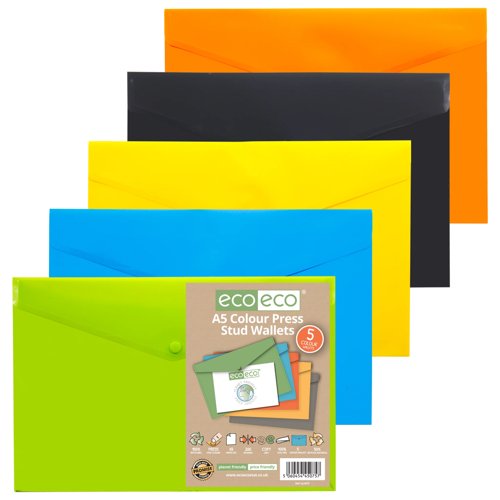 Eco Eco A5 50% Recycled Colour Press Stud Wallets - Pack of 5