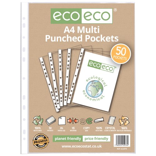Eco Eco A4 100% Recycled Bag Multi Punched Pockets - Pack of 50
