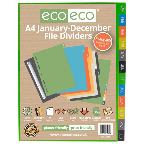 Eco Eco A4 50% Recycled January - December Index File Dividers - 1 Set