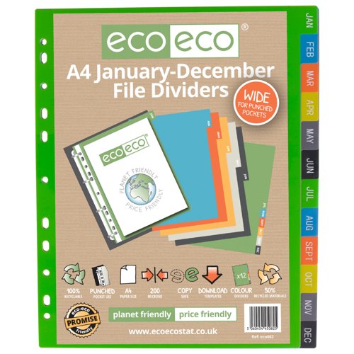 Eco Eco A4 50% Recycled January - December Wide Index File Dividers - 1 Set