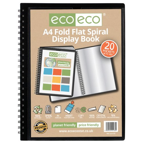 A4 50% Recycled Fold Flat Spiral Display Book with 20 pockets - Single