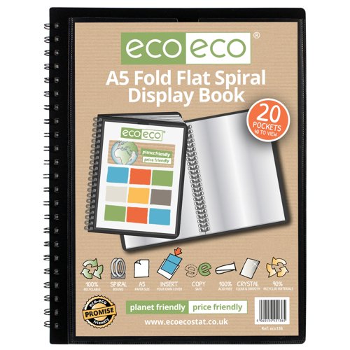 A5 50% Recycled Fold Flat Spiral Display Book with 20 pockets - Single