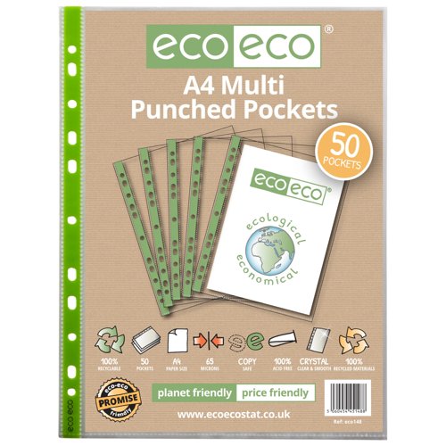 A4 100% Recycled 65 Micron Multi Punched Pockets - Pack of 50