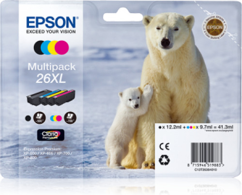Epson C13T26364010 (26XL) Ink Cartridge Multi Pack BkCMY High Capacity XL 1x500 3x700 12ml 3x10ml Pack=4