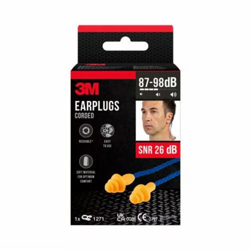 3M Corded Earplugs 1271, Three flange design, Reusable, SNR value 26 dB, Orange