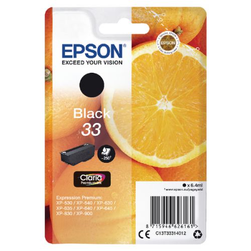 OEM Epson C13T33314012 (33) Ink Cartridge Black 250 Pages 6.4ml