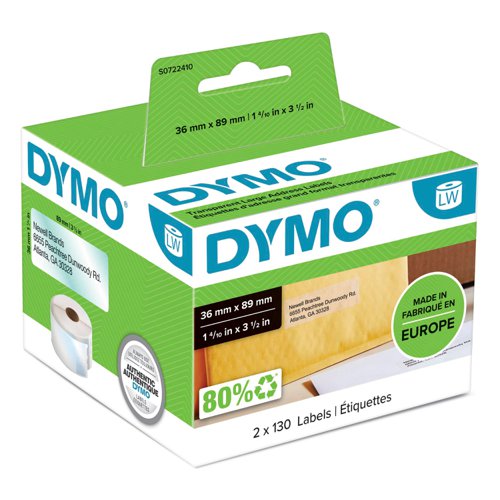 Labelling Cassette Tape OEM Dymo 99013 (S0722410) LabelWriter Large Address Labels 89mm x 36mm Transparent