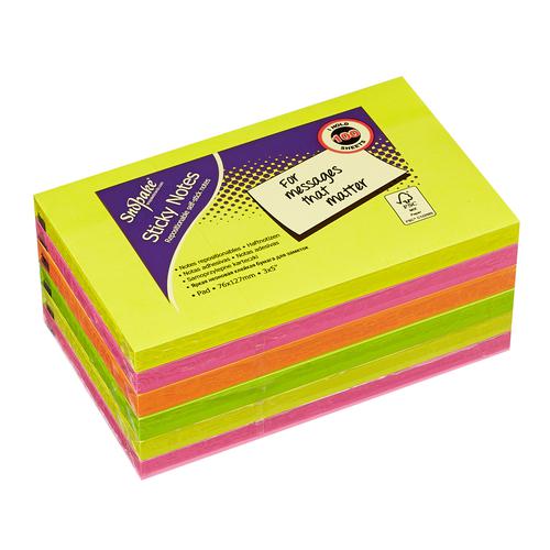 FSC Sticky Notes  Neon Assorted, 100 Sheet Pad- 6 Pads