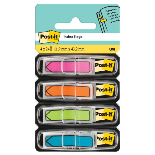 Post-it Index Arrow Flags, Blue, Orange, Pink and Green, 11.9 mm x 43.2 mm, 24 Flags/Dispenser, 4 Dispensers/Pack