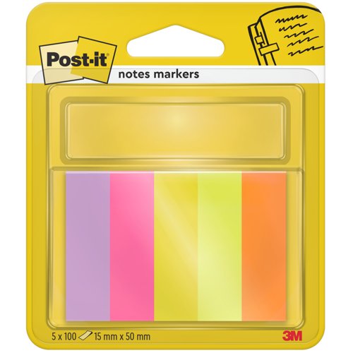 Post-it Notes Markers, Assorted Colours, 15 mm x 50 mm, 100 Sheets/Pad, 5 Pads/Pack, 100% PEFC SGSCH-PEFC-COC-110078
