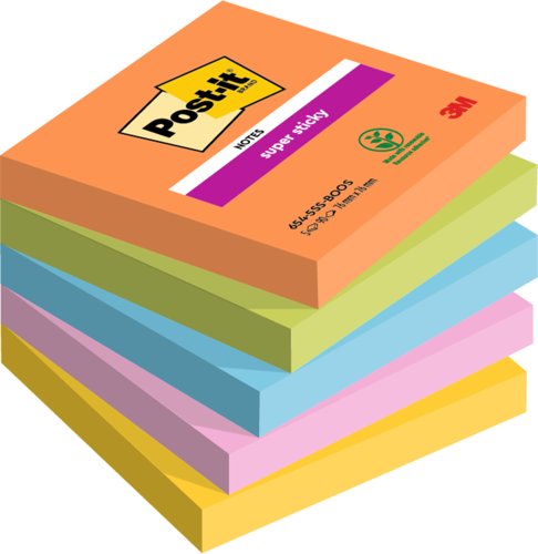 Post-it Super Sticky Notes, Boost Colour Collection, 76 mm x 76 mm, 90 Sheets/Pad, 5 Pads/Pack, 100% PEFC SGSCH-PEFC-COC-110078