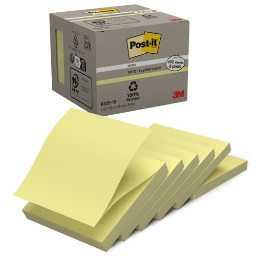 Post-it Recycled Z-Notes, Canary Yellow, 76 mm x 76 mm, 100 Sheets/Pad, 6 Pads/Pack, 100% PEFC Recycled SGSCH-PEFC-COC-110078