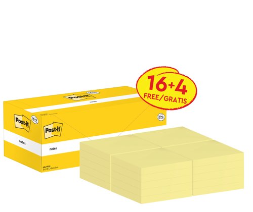 Post-it Notes, Canary Yellow, 76 mm x 76 mm, Promo Pack, 100 Sheets/Pad, 16 + 4 FREE Pads/Pack, Cardboard Pack, 100% PEFC SGSCH-PEFC-COC-110078