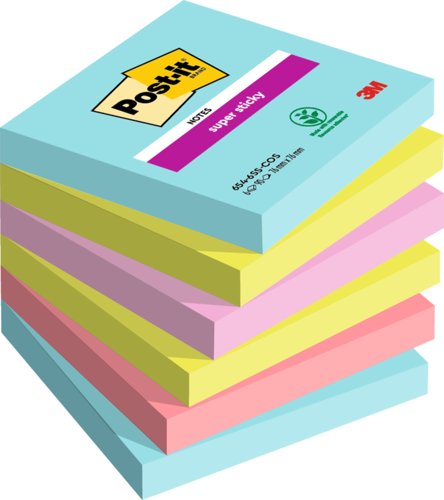 Post-it Super Sticky Notes, Cosmic Colour Collection, 76 mm x 76 mm, 90 Sheets/Pad, 6 Pads/Pack, 100% PEFC SGSCH-PEFC-COC-110078