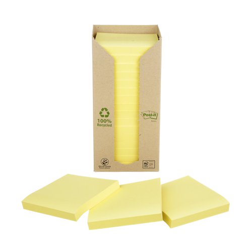 Post-it Recycled Notes, Canary Yellow, 76 mm x 76 mm, 100 Sheets/Pad, 16 Pads/Pack, 100% PEFC Recycled SGSCH-PEFC-COC-110078