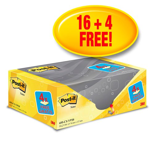 Post-it Notes, Canary Yellow, 76 mm x 127 mm, Promo Pack, 100 Sheets/Pad, 16 + 4 FREE Pads/Pack, 100% PEFC SGSCH-PEFC-COC-110078