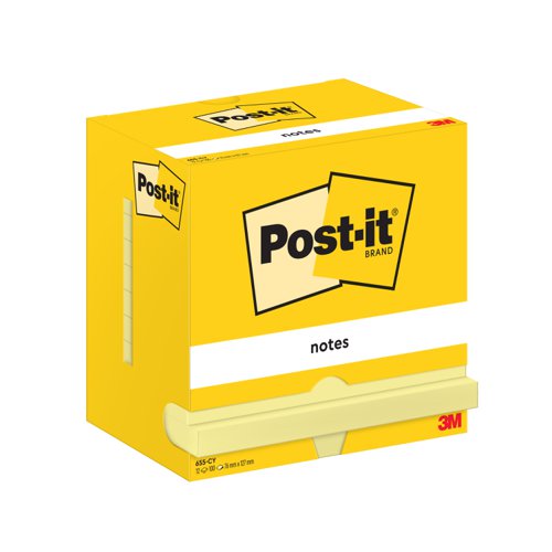Post-it Notes, Canary Yellow, 76 mm x 127 mm, 100 Sheets/Pad, 12 Pads/Pack, Cardboard Pack, 100% PEFC SGSCH-PEFC-COC-110078