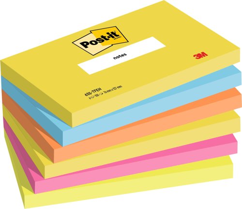 Post-it Notes, Energetic Colour Collection, 76 mm x 127 mm, 100 Sheets/Pad, 6 Pads/Pack, 100% PEFC SGSCH-PEFC-COC-110078