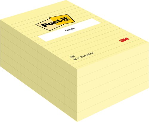 Post-it Large Notes, Canary Yellow, Lined, 101 mm x 152 mm, 100 Sheets/Pad, 6 Pads/Pack, 100% PEFC SGSCH-PEFC-COC-110078