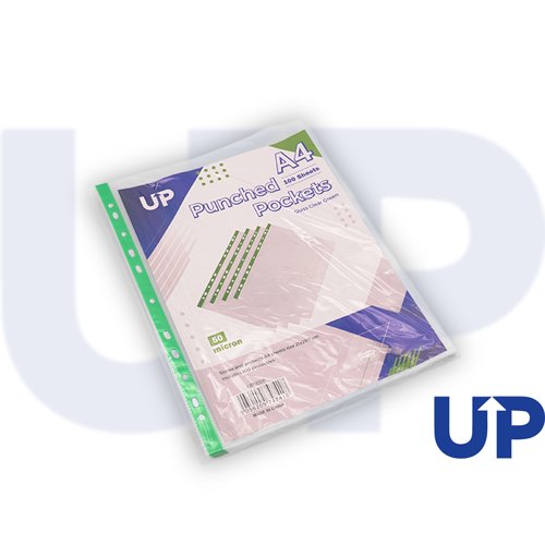 UP Punched Pockets A4 50 micron Glass Clear Green Strip (100)