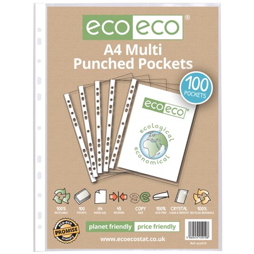 Eco Eco A4 100% Recycled Bag Multi Punched Pockets - Pack of 100