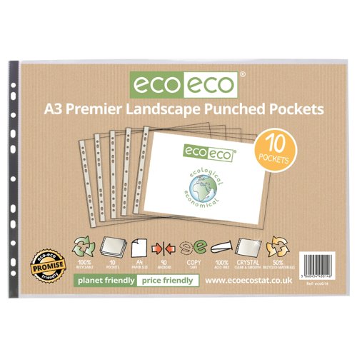 Eco Eco A3 100% Recycled Bag Multi Punched Pockets - Pack of 10