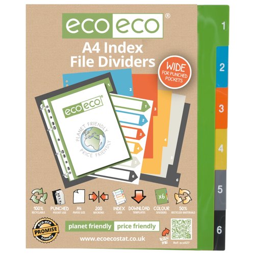 Eco Eco A4 50% Recycled Wide Index File Dividers - 1 Set of 6