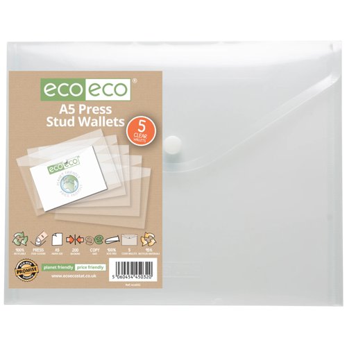 Eco Eco A5 95% Recycled Press Stud Wallets - Pack of 5