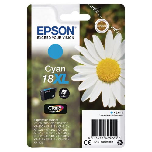Epson C13T18124012 (18XL) Ink Cartridge Cyan High Capacity 450 Pages 6.6ml