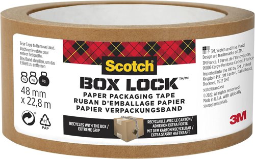 Scotch Box Lock Paper Packaging Tape, 48 mm x 22.8 m, 1 Roll/Pack